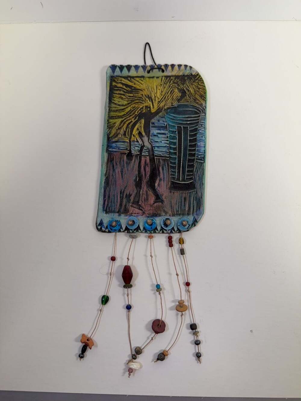 S. Burke 2011 Handcrafted Ceramic Wall Hanging with Beaded Dangles